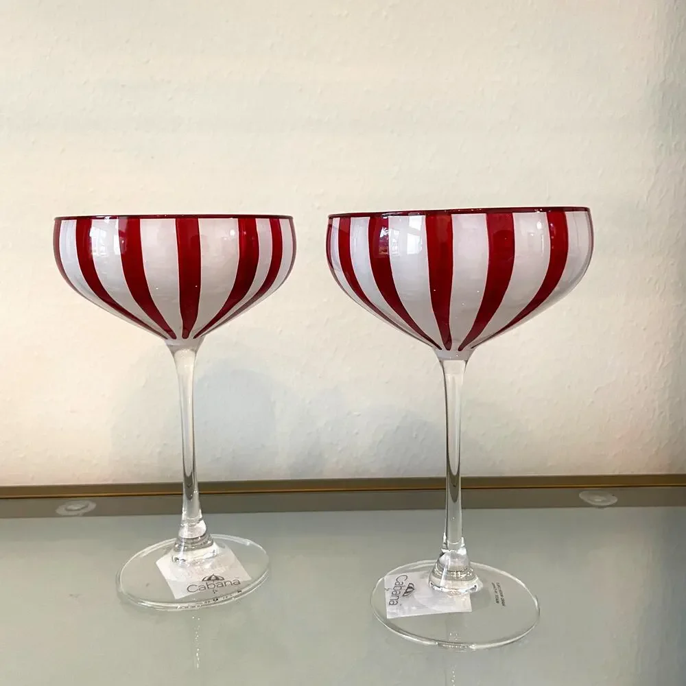 Cabana Red Striped Coupe Glasses 8oz Set of 2 NEW